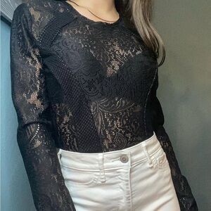 BCBGMaxAzria Black Lace Long Sleeve Top